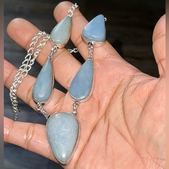 Blue Smooth Anhydrite Angelite Necklace 15”-16” - Picture 7 of 13